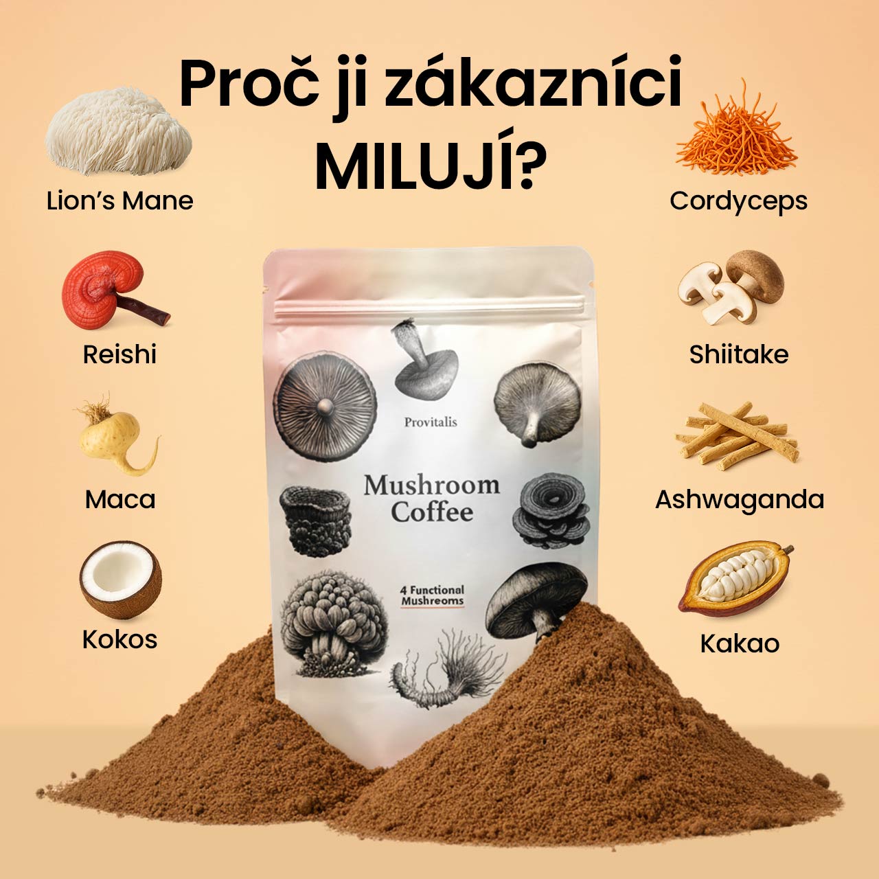 Provitalis Mushroom Coffee — Lion's Mane, Cordyceps, Reishi, Shiitake, Maca, Ashwaganda